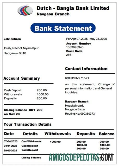 para impressão Bangladesh Dutch Bangla Bank Limited Extrato bancário modelo Word e PDF